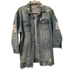 Unisex Ripped/Distress Denim 3/4 Sleeve Studded Long Jacket Size S/M